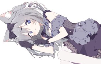 Rule 34 | 1girl, :o, amairo chocolata, animal ear fluff, animal ears, black gloves, black hairband, blush, bow, cat ears, cat girl, center-flap bangs, collar, commentary request, detached collar, detached sleeves, dress, dutch angle, frilled collar, frilled dress, frilled sleeves, frills, gloves, grey hair, hair ornament, hair ribbon, hairband, hairclip, highres, long hair, looking at viewer, lying, navel, on side, open mouth, pantyhose, paw hair ornament, paw hairpin, puffy sleeves, purple eyes, ribbon, short sleeves, skirt, solo, striped clothes, striped skirt, tail, tail ornament, tail ribbon, two side up, urotsuki (ku9625), vertical-striped clothes, vertical-striped skirt, white background, white pantyhose, white ribbon, yukimura chieri