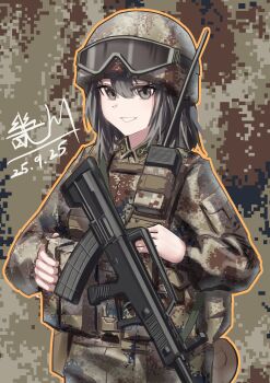Rule 34 | 1girl, absurdres, assault rifle, black eyes, black hair, bullpup, camouflage, cowboy shot, dated, digital camouflage, gun, helmet, highres, lapels, load bearing vest, miliki, military combat uniform, military uniform, original, people's liberation army, qbz-95, radio, rifle, signature, solo, weapon
