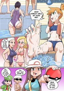 1boy 6+girls barefoot blonde_hair blood blush breasts brown_eyes brown_hair commentary english_commentary feet green_eyes hat highres holding holding_poke_ball indoors leaf_(pokemon) long_hair midriff misty_(pokemon) multiple_boys multiple_girls nintendo nosebleed open_mouth orange_hair picnicker_(pokemon) poke_ball poke_ball_(basic) pokemon pokemon_frlg pool pool_ladder poolside porkpie_hat shirt short_hair side_ponytail sleeveless sleeveless_shirt smile soles swimmer_(pokemon) swimsuit toes towel towel_around_neck ukaya_masaru white_hat yuri