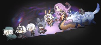 3boys 4girls ahoge animal_ears antenna_hair antonio_salieri_(fate) armor black_dress black_hair black_suit blindfold cape chibi closed_eyes colored_inner_hair dark-skinned_female dark_skin dress edmond_dantes_(fate) facepaint facial_mark fate/grand_order fate_(series) fedora formal_clothes gorgon_(fate) green_suit grey_hair hair_bun hairband hat headless headpiece hessian_(fate) jackal_ears japanese_armor jeanne_d'arc_alter_(avenger)_(fate) jeanne_d'arc_alter_(fate) lobo_(fate) long_hair medusa_(fate) monster_girl multicolored_hair multiple_boys multiple_girls nitocris_(fate) nitocris_alter_(fate) nitocris_alter_(second_ascension)_(fate) parted_bangs purple_eyes purple_hair rider sash short_hair side_ponytail sidelocks single_side_bun snake_hair snake_tail stairs streaked_hair suit tail taira_no_kagekiyo_(fate) taira_no_kagekiyo_(second_ascension)_(fate) takustorage usekh_collar ushiwakamaru_(fate) very_long_hair white_hair wolf yellow_eyes