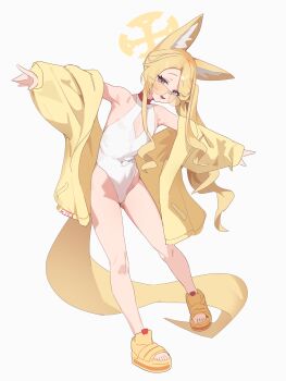 1girl absurdres animal_ear_fluff animal_ears bare_shoulders blonde_hair blue_archive covered_navel cross_halo feet flat_chest fox_ears fox_girl fox_tail full_body gya_rb halo highres jacket loli long_hair looking_at_viewer one-piece_swimsuit open_mouth outstretched_arms pink_hair revision seia_(blue_archive) seia_(swimsuit)_(blue_archive) simple_background smile solo spread_arms standing sunglasses swimsuit tail thighs toes very_long_hair white_background white_one-piece_swimsuit yellow_halo yellow_jacket