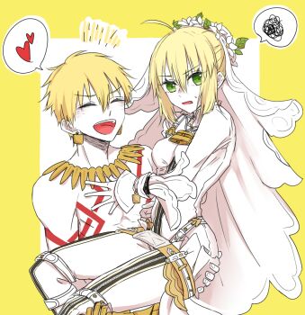 1boy 1girl armor belt blaulilie110 blonde_hair bodysuit breastplate breasts carrying carrying_person commentary_request earrings fate/extra fate/extra_ccc fate_(series) gilgamesh_(fate) green_eyes heart jewelry lock medium_breasts necklace nero_claudius_(bride)_(fate) nero_claudius_(fate) open_mouth padlock sleeves_past_wrists smile spoken_heart spoken_squiggle squiggle sweatdrop topless_male veil white_bodysuit white_veil yellow_belt zipper