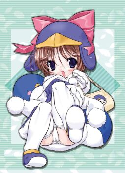1girl ass bag bird blue_dress blue_eyes blue_hat blue_shoes blush blush_stickers brown_hair commentary_request dress ecoco ekokuice fur_trim hat highres knees_up loli mittens open_mouth panties penguin penguin_hat pink_ribbon revision ribbon scarf shoes short_hair sitting smile thighhighs underwear urotan white_mittens white_panties white_scarf white_thighhighs