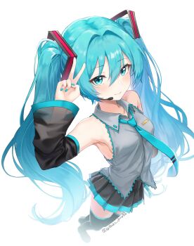 1girl aqua_eyes aqua_hair aqua_nails aqua_necktie armpits bare_shoulders black_skirt black_thighhighs bloom blush breasts closed_mouth collared_shirt commentary detached_sleeves eyelashes foreshortening full_body grey_shirt hair_between_eyes hair_intakes hand_up hatsune_miku highres long_hair long_sleeves looking_at_viewer mako_draw01 medium_breasts miniskirt nail_polish necktie pleated_skirt shirt sidelocks simple_background skirt sleeveless sleeveless_shirt smile solo split_mouth standing thighhighs twintails twitter_username upturned_eyes v v_over_head very_long_hair vocaloid white_background wide_sleeves zettai_ryouiki