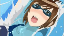 1girl animated blush breasts brown_eyes brown_hair competition_swimsuit female_focus highres kenkou_zenrakei_suieibu_umishou one-piece_swimsuit partially_submerged pink_background pool poolside shizuoka_mirei solo swimming swimsuit tagme video