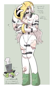 2girls black_eyes blush blush_stickers bodysuit breasts broken_mask cigarette cleavage_cutout clothing_cutout colored_skin commentary fascinator fewer_digits flying_sweatdrops full_body gen_4_pokemon green_hair grey_skin hat head_only highres holding holding_cigarette huge_breasts kasugai_(de-tteiu) legendary_pokemon long_hair makhia_(kasugai_(de-tteiu)) mask messy_hair multiple_girls nintendo nose_blush personification pokemon regigigas sidelocks single_tear smoking top_hat torn_clothes translated two_side_up very_long_hair white_bodysuit white_hair