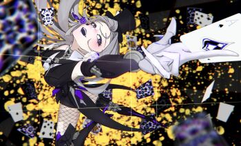 1girl 7_(number) :d absurdres ace_(playing_card) armpits black_hat blush breasts card coattails dice dice_earrings earrings facial_tattoo fishnet_pantyhose fishnets grey_hair hat highres holding holding_card jewelry king_(playing_card) king_of_clubs kyuz787297571 large_breasts lilith:_daemonissa_(pgr) lilith_(pgr) long_hair mechanical_arms mechanical_legs mini_hat mini_top_hat open_mouth pantyhose playing_card punishing:_gray_raven purple_eyes sleeveless smile solo spade_(shape) spade_tattoo tattoo top_hat