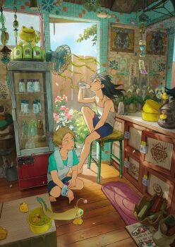 1boy 1girl absurdly_detailed_composition absurdres arm_between_legs artist_name barefoot black_hair blonde_hair blue_eyes blue_shorts bottle brown_eyes bucket bush cabinet cable camisole carpet catfish chakotata collarbone commentary_request counter electric_fan fence fish flat_chest floating_hair flower full_body glass_bottle green_eyes hand_up highres holding holding_bottle indoors knee_up light_particles loaded_interior long_hair looking_at_another looking_at_object looking_to_the_side messy_hair milk_bottle multicolored_shirt on_stool open_mouth original perspective pillow pink_flower plant potted_plant rubber_duck sack short_hair short_sleeves shorts sitting slit_pupils spaghetti_strap squatting statuette stool sunlight sweat sweatdrop teeth tile_wall tiles towel towel_around_neck twitter_username upper_teeth_only v-neck white_camisole white_flower wooden_fence wooden_floor yellow_pillow