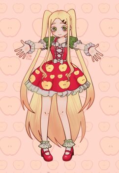 Rule 34 | blonde hair, dress, food print, fruit background, fruit print, full body, green eyes, green sleeves, high heels, highres, long hair, outstretched arms, puffy sleeves, red dress, red shoes, red skirt, ribbon, riikatopor12, shoes, short sleeves, skirt, spread arms, tatiana (undead unluck), twintails, undead unluck, white ribbon, wrist cuffs