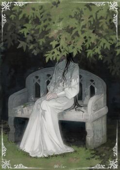 1girl absurdres black_hair border carriann000 chair covered_face dress grass highres long_hair long_skirt long_sleeves original outdoors sitting skirt solo tree very_long_hair white_dress white_skirt