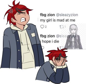 1boy 1girl ahoge black_hair closed_eyes english_text highres kirifuji_nozomi messy_hair multiple_views open_mouth red_hair screenshot_inset simple_background sumino_takumi teeth the_hundred_line_-last_defense_academy- tweet upper_body white_background