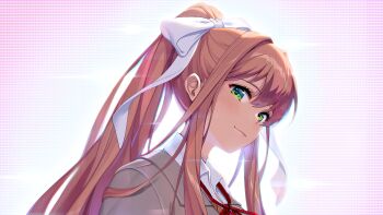 1girl absurdres artist_request bow coat collared_shirt doki_doki_literature_club from_side green_eyes grey_coat hair_bow head_tilt high_ponytail highres long_hair long_sidelocks looking_at_viewer monika_(doki_doki_literature_club) neck_ribbon official_art pink_hair ponytail ribbon satchely shirt sidelocks smile solo upper_body very_long_hair white_shirt