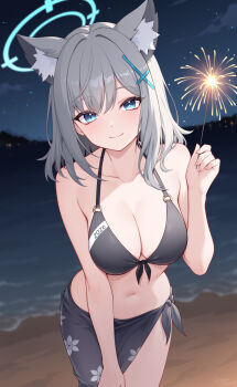 1girl absurdres animal_ear_fluff animal_ears beach bikini black_bikini black_sarong blue_archive breasts cleavage closed_mouth collarbone commentary_request cowboy_shot cross_hair_ornament grey_hair hair_ornament halo hand_up highres holding holding_fireworks large_breasts looking_at_viewer mismatched_pupils navel night origami_(poinia) sarong shiroko_(blue_archive) sky smile solo stomach swimsuit water wolf_ears