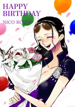 1girl ^_^ balloon black_hair bouquet character_name closed_eyes commentary_request dated eyewear_on_head falling_petals flower hair_slicked_back happy_birthday high_collar highres holding holding_bouquet long_hair nico_robin one_piece petals pink_petals smile solo tsubaki0120 twitter_username upper_body