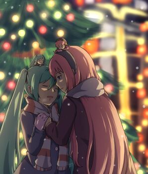 2girls blue_eyes blue_hair brown_coat christmas christmas_tree closed_eyes coat commentary english_commentary grey_coat grey_scarf hatsune_miku highres hikarikiiro long_hair looking_at_another megurine_luka multiple_girls night open_mouth outdoors pink_hair scarf smile snowing striped_clothes striped_scarf twintails vocaloid yuri