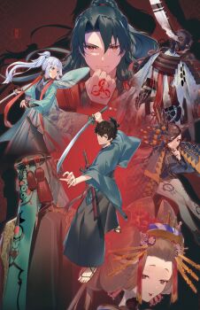 3girls 4boys aqua_haori arm_guards armor bandaged_head bandages bangs_pinned_back banner black_armor black_bandages black_hair black_hakama blue_eyes blue_kimono brown_eyes brown_hair cape chiemon_(fate) chinese_clothes command_spell covered_face datehyogo dorothea_coyett earrings fate/samurai_remnant fate_(series) full_body green_hair green_veil hair_ornament hair_stick hakama hanfu haori hat_tassel high_ponytail highres hiiragi_(karashriker) holding holding_banner holding_sword holding_weapon hollowed_headwear japanese_armor japanese_clothes japanese_hat jewelry kanzashi katana kimono kishimen_hair large_hat leg_tattoo long_sidelocks low-tied_sidelocks miyamoto_iori_(fate) multiple_boys multiple_girls nihongami oiran onmyouji orange_eyes parted_bangs ponytail print_haori red_hanfu red_lips red_robe robe sheath sheathed shoulder_armor sidelocks sode sword takao_dayu_(fate) tassel tassel_earrings tattoo topknot torn_cape torn_clothes tsuchimikado_yasuhiro_(fate) unsheathed veil waraji weapon white_hair white_hakama wide_brim yui_shousetsu_(fate) zheng_chenggong_(fate)