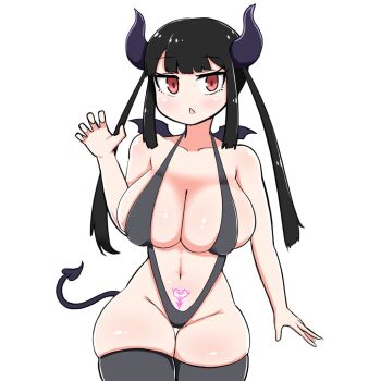 1girl black_hair blunt_bangs breasts claw_pose cleavage collarbone commentary_request covered_erect_nipples cowboy_shot demon_girl demon_horns demon_tail demon_wings expressionless grey_slingshot_swimsuit grey_thighhighs hand_up horns huge_breasts jitome long_hair long_sidelocks looking_at_viewer madoro mamiya_hina open_hand original pubic_tattoo purple_horns purple_tail red_eyes sidelocks simple_background slingshot_swimsuit solo standing swimsuit tail tattoo thighhighs thighs triangle_mouth tsurime twintails white_background wings