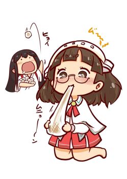 2girls akagi_(kancolle) black_hair blush brown_eyes brown_hair capelet commentary_request daigorou_(42036928) eating food glasses headpiece highres kantai_collection long_hair mochi multiple_girls nose_blush pince-nez pleated_skirt red_skirt roma_(kancolle) short_hair simple_background skirt throwing white_background white_capelet