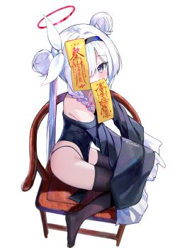 1girl alternate_costume alternate_hairstyle artist_name ass bare_shoulders black_dress black_hairband black_panties black_thighhighs blue_archive blush braid chair collarbone commentary_request cosplay double_bun dress feet grey_eyes grey_hair hair_bun hair_over_one_eye hairband halo highres jiangshi loli long_hair long_sleeves looking_at_viewer luo_shu mouth_hold multicolored_hair no_shoes ofuda ofuda_on_head on_chair one_eye_covered panties pelvic_curtain petite plana_(blue_archive) red_halo red_pupils side_braid simple_background single_bare_shoulder single_braid sitting sleeves_past_fingers sleeves_past_wrists solo string_panties talisman thighhighs toes twintails twitter_username underwear very_long_hair white_background wide_sleeves wooden_chair