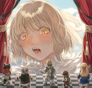 3boys 3girls animal_ears armor black_gloves black_hair black_pants blonde_hair blue_robe boots bow braid brown_hair cat_ears cat_girl cat_tail chessboard chibi chilchuck_tims commentary curtains dungeon_meshi elf fake_horns falin_touden falin_touden_(chimera) fangs feathers fur_trim gloves grey_boots grey_pants grey_shirt grey_skirt hair_ribbon half_up_braid hands_on_own_hips helmet highres holding holding_staff horned_helmet horns izutsumi laios_touden long_hair long_sleeves looking_at_another marcille_donato multiple_boys multiple_girls neck_warmer open_mouth pants pointy_ears red_ribbon red_scarf ribbon robe sandals sasakura34 scarf scarf_bow senshi_(dungeon_meshi) shirt short_hair skirt slit_pupils staff stage_curtains standing symbol-only_commentary tail tassel teeth white_feathers yellow_eyes
