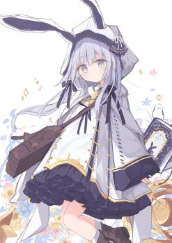 1girl :o animal_ears animal_hood bag blue_flower book boots brown_boots capelet commentary_request dress fake_animal_ears flower frilled_dress frills grey_eyes grey_hair highres hood hood_up hooded_capelet kushida_you long_hair long_sleeves looking_at_viewer original parted_lips rabbit_ears shoulder_bag sleeves_past_wrists socks solo very_long_hair white_background white_capelet white_dress white_socks wide_sleeves yellow_flower