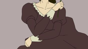 1girl animated animated_gif bara_to_tsubaki black_hair black_shoes brown_background brown_dress closed_eyes commentary_request dress flower holding holding_flower juliet_sleeves long_dress long_sleeves naramura ponytail puffy_sleeves red_flower red_rose rose shoes tsubakikoji_reiko unfinished