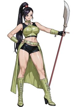 1girl belt black_hair black_shoes boots breasts choker dragon_quest dragon_quest_xi green_belt green_boots green_choker h4sh1rnoto heart heart_choker high_ponytail highres holding holding_polearm holding_weapon legs martina_(dq11) navel polearm ponytail shoes short_shorts shorts toned toned_female weapon white_background