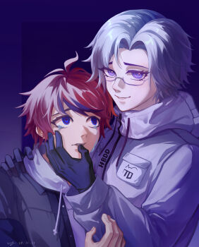 2boys ahoge aotsuki_eito black_gloves black_hair blue_eyes chinese_commentary commentary_request crying crying_with_eyes_open dated drawstring empty_eyes eyelashes eyes_visible_through_hair glasses gloves grey_hair grey_jacket hand_on_another&#039;s_arm hand_on_another&#039;s_chin hand_on_another&#039;s_shoulder height_difference high_collar highres hood hood_down hooded_jacket hoodie jacket jacket_over_hoodie long_sleeves male_focus multicolored_hair multiple_boys open_clothes open_jacket pocket purple_background purple_eyes red_hair sanpaku semi-rimless_eyewear short_hair signature spoilers streaked_hair sumino_takumi tears the_hundred_line_-last_defense_academy- tina_janai two-tone_hair variant_set white_hoodie white_jacket zipper_pull_tab