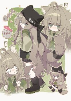 1girl :o ? ahoge animal_ears animal_hat bandaid bandaid_on_knee bandaid_on_leg beanie black_bag black_boots black_hat black_necktie black_skirt black_socks blank_stare blush boots border brown_hair cat_ears cat_hat cat_tail character_name chibi chibi_inset collared_shirt commentary_request empty_eyes fish fish_skeleton from_side green_background green_eyes green_shirt green_vest grid_background hair_ornament hat highres holding holding_own_hair kipfel_(vrchat) lace-up_boots long_hair long_sleeves looking_at_viewer looking_back multiple_views necktie no_headwear nose_blush pleated_skirt shirt skirt socks speech_bubble spoken_question_mark spoken_sweatdrop star_(symbol) stemiomio sweatdrop tail tail_ornament tears very_long_hair vest vrchat waist_bag wavy_hair white_border