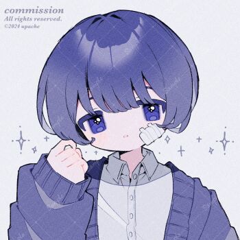 1girl artist_name bandaid bandaid_on_cheek bandaid_on_face blue_cardigan blue_eyes blue_hair buttons cardigan collared_shirt commentary commission hand_up highres long_sleeves looking_at_viewer open_cardigan open_clothes original parted_lips portrait sample_watermark shirt short_hair simple_background solo sparkle upa_papa_co watermark watermark_grid white_background white_shirt