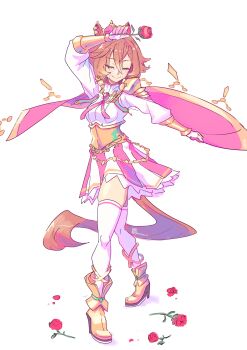 1girl absurdres animal_ears boots breasts cape closed_eyes closed_mouth commentary crown fingerless_gloves flower gloves gold_boots gold_corset hair_between_eyes highres holding holding_flower horse_ears horse_girl horse_tail jewelry long_sleeves mat_(matdesenheiro) mini_crown multiple_rings orange_hair orange_tail pink_cape pink_crown ring rose shirt short_hair skirt smile solo sweat t.m._opera_o_(o_sole_suo!)_(umamusume) t.m._opera_o_(umamusume) tail thighhighs thighs two-tone_skirt umamusume white_gloves white_shirt white_thighhighs