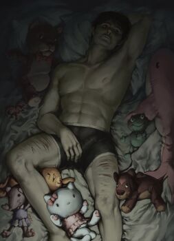 1boy abs arm_over_head armpit_hair bags_under_eyes bed black_eyes black_hair boxer_briefs cat cry_of_fear dark dog expressionless frog hand_on_own_crotch hello_kitty_(character) highres ikea_shark implied_self-harm knee_up lying male_focus male_underwear mouse_(animal) nude on_back on_bed pectorals pillow pinkie_pie pony_(animal) self-harm_scar simon_henriksson solo stuffed_animal stuffed_shark stuffed_toy teddy_bear thigh_cutting tomtit_bird toned toned_male underwear