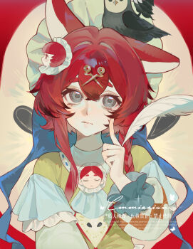 1girl absurdres aegyo_sal animal animal_ears animal_on_head bird bird_on_head closed_mouth commission eyelashes fingernails frills grey_eyes hair_between_eyes hair_intakes hair_ornament highres holding holding_quill long_hair long_sleeves looking_to_the_side mihuashi_commission on_head original owl quill red_hair shirt short_eyebrows sidelocks solo upper_body watermark yihuo_tou_mei_tou