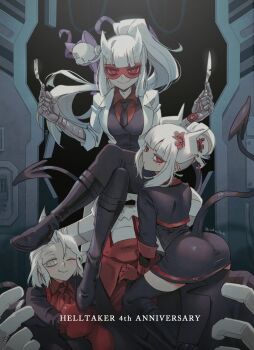 1boy 3girls absurdres anniversary apple ass black_footwear black_jacket black_necktie black_skirt black_vest blind boots breasts cat clenched_teeth coat collared_shirt colored_skin commentary demon_boy demon_girl demon_horns demon_tail english_commentary english_text flower food fork fruit gloves goggles hair_flower hair_ornament hairpin helltaker high_ponytail highres holding holding_food holding_fork holding_fruit holding_knife horns indoors jacket justice_(helltaker) knife lab_coat lmcat09_(helltaker) long_hair looking_at_viewer loremaster_(helltaker) lucifer_(helltaker) maid mechanical_arms mole mole_under_eye multiple_girls necktie noah_(tettsui-sole) one_eye_closed ponytail prosthesis red-tinted_eyewear red_eyes red_gloves red_goggles red_shirt red_skin shirt short_hair sitting sitting_on_person skirt smile subject_67_(helltaker) sweat tail teeth tentacles thighhighs tinted_eyewear twitter_username vest white_coat white_gloves white_horns