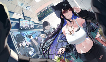 1girl absurdres adjusting_clothes adjusting_eyewear alternate_costume armpits bag beanie black_hair black_jacket black_nails black_pants blue_hair breasts cleavage colored_inner_hair commentary crop_top denim earrings eun_yo fake_horns fuwawa_abyssgard fuwawa_abyssgard_(1st_costume) hand_up hat highres holding holding_bag hololive hololive_english hoop_earrings horned_headwear horns indoors jacket jewelry korean_text koseki_bijou koseki_bijou_(1st_costume) large_breasts long_hair looking_at_viewer midriff mococo_abyssgard mococo_abyssgard_(1st_costume) mole mole_under_eye multicolored_hair nail_polish navel necklace nerissa_ravencroft off_shoulder pants pantyhose people purple_eyes shiori_novella shiori_novella_(1st_costume) slit_pupils solo straight_hair sunglasses symbol-only_commentary thighhighs torn_clothes torn_pantyhose translation_request very_long_hair virtual_youtuber white_thighhighs