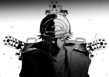 Rule 34 | 1boy, arms at sides, black background, cheek tattoo, chinese commentary, collarbone, collared jacket, commentary request, empty eyes, face in shadow, film grain, from above, gatling pea (plants vs. zombies), gradient background, greyscale, gun, hatching (texture), helmet, high contrast, highres, jacket, lanyard, looking at viewer, male focus, monochrome, no mouth, no pupils, open clothes, open jacket, personification, plants vs. zombies, plants vs. zombies 2, plants vs. zombies 2 (chinese), shirt, siiiiiiiiiii, simple background, solo, straight-on, tattoo, two-tone background, upper body, weapon, white background