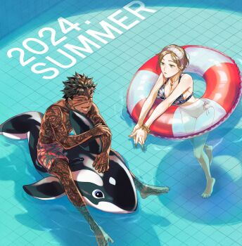1boy 1girl 2024 angra_mainyu_(fate) bikini black_bikini black_hair bracelet breasts brown_eyes brown_hair closed_eyes commentary dark-skinned_male dark_skin fate/grand_order fate_(series) full_body highres inflatable_orca inflatable_toy innertube jewelry large_breasts male_swimwear open_mouth original partially_submerged pool red_male_swimwear shibakou side-tie_bikini_bottom smile swim_ring swim_trunks swimsuit