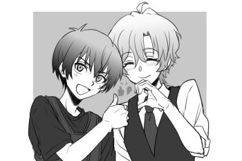 Rule 34 | 2boys, blush, closed eyes, commentary request, formal clothes, format kun, formatkun, greyscale, heart, heart hands, heart hands failure, higurashi no naku koro ni, higurashi no naku koro ni rei, maebara keitarou, male focus, meme, monochrome, multiple boys, ryuuguu kihiro, shirt, short sleeves, suit, thumbs up, vest, yaoi