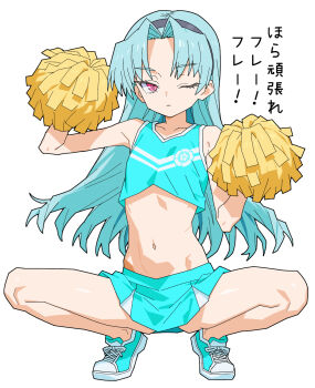 1girl blue_hair cheerleader expressionless flat_chest highres long_hair looking_at_viewer matuo3232 miniskirt navel one_eye_closed pink_eyes pom_pom_(cheerleading) rance_(series) sengoku_rance shinobu_(rance) shoes simple_background skirt sneakers solo_focus squatting translated white_background