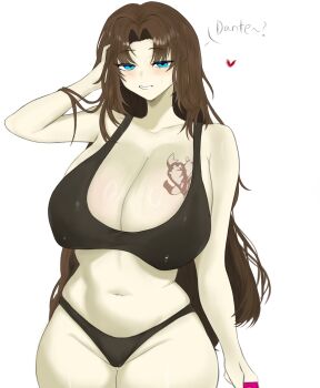 1girl absurdres arm_behind_head armpits blue_eyes blush breasts brown_hair covered_erect_nipples flirting heart highres large_breasts limbus_company long_hair midriff navel parted_lips pmlbtmlorlc project_moon rodion_(project_moon) seductive_gaze seductive_smile smile sports_bra tattoo thighs