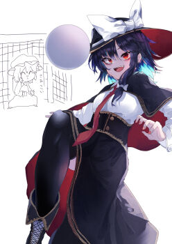 Rule 34 | 2girls, :>, ^ ^, absurdres, alternate eye color, ball, black boots, black cape, black hair, black hat, black pantyhose, black skirt, blonde hair, boots, bow, cape, closed eyes, collar, dress, false smile, hair between eyes, hair bow, hat, hat bow, highres, kicking, large bow, long dress, long skirt, long sleeves, looking at object, maribel hearn, mob cap, multiple girls, muraryo, nail polish, necktie, orange eyes, pantyhose, red nails, shirt, short hair, simple background, skirt, smile, soccer, soccer ball, solo focus, standing, standing on one leg, teeth, touhou, translated, upper teeth only, usami renko, white background, white bow, white collar, white hat, white shirt, wide brim