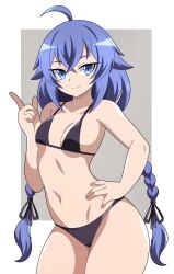 Rule 34 | 1girl, absurdres, abysswatchers, ahoge, armpit crease, bikini, black bikini, black ribbon, blue eyes, blue hair, braid, breasts, closed mouth, groin, hair between eyes, hair ribbon, hand on own hip, highres, long hair, mushoku tensei, navel, pointing, pointing up, ribbon, roxy migurdia, simple background, small breasts, smile, solo, stomach, swimsuit, twin braids, very long hair
