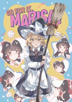 Rule 34 | 2girls, absurdres, apron, black skirt, black vest, blonde hair, blush, bow, braid, broom, brown eyes, brown hair, carin (c arin1012), chibi, chibi inset, commentary request, cover, english text, fake cover, frilled bow, frilled hair tubes, frilled shirt collar, frilled skirt, frills, ganbare! nakamura-kun!!, ganbare! nakamura-kun!! cover parody, hair bow, hair tubes, hakurei reimu, hat, hat bow, highres, kirisame marisa, long hair, long sleeves, multiple girls, multiple views, neck ribbon, nervous sweating, parody, red bow, remilia scarlet, ribbon, shameimaru aya, shirt, side braid, single braid, skirt, sweat, touhou, vest, waist apron, white bow, white shirt, witch hat, yakumo yukari, yellow eyes, yuri