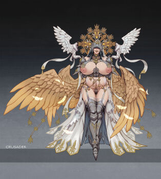 1girl absurdres angel_wings armor armored_boots armored_gloves armored_shoes ball_gag bare_shoulders blindfold boots breasts dungeon_and_fighter gag gagged highres huge_breasts inverted_nipples jewelry l_axe lactation oversized_wings long_hair navel nipple_piercing nipples piercing pregnant pubic_tattoo religion simple_background solo standing tattoo thighhighs thighs wide_hips wiffle_gag wings