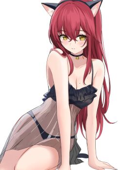 Rule 34 | 1girl, animal ear fluff, animal ears, bare arms, bare shoulders, bell, black choker, black nightgown, black panties, blush, breasts, choker, cleavage, collarbone, commentary, fake animal ears, frilled nightgown, frills, hair between eyes, hair over shoulder, invisible table, liliya (kaetzchen), long hair, looking at viewer, medium breasts, mole, mole on breast, navel, neck bell, nightgown, no pants, original, panties, parted lips, red hair, ry thae, see-through clothes, see-through nightgown, sidelocks, simple background, solo, underwear, white background, yellow eyes