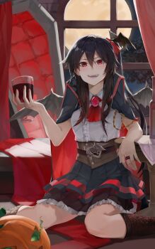 1girl :d alcohol alternate_costume ascot backlighting bambietta_basterbine bat_wings black_hair black_skirt black_socks bleach bleach:_sennen_kessen-hen bow brooch center_frills coffin collared_shirt commentary cup deadman70232800 double-parted_bangs drinking_glass english_commentary fake_wings fangs feet_out_of_frame frilled_shirt frilled_skirt frills full_moon grey_skirt hair_between_eyes hair_bow halloween halloween_costume hand_up highres holding holding_cup indoors jack-o'-lantern jewelry kneehighs long_hair looking_at_viewer moon night on_floor one_side_up open_mouth pleated_skirt pumpkin red_ascot red_bow red_eyes ring shirt sidelocks sitting skirt smile socks solo sternritter teeth tsurime two-tone_skirt v-shaped_eyebrows vampire_costume wariza white_shirt window wine wine_glass wings