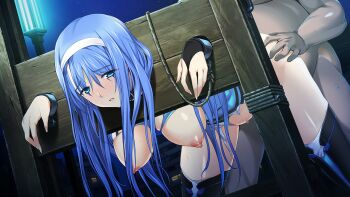 1boy 1girl alice_soft bdsm bent_over blue_eyes blue_hair blush bondage bound bound_wrists breasts breasts_out bridal_gauntlets chain choukou_(alicesoft) choukou_shinki_ixseal doggystyle ellis_xillia fat fat_man female_focus game_cg hairband hanging_breasts hetero ixseal large_breasts large_variant_set long_hair night nipples no_bra no_panties non-web_source official_art onigirikun open_mouth outdoors pillory rape restrained sex sex_from_behind shiny_skin solo_focus standing standing_sex sweat thighhighs torn_clothes variant_set white_hairband