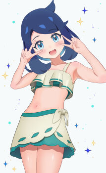 Rule 34 | 1girl, :d, absurdres, black hair, blue eyes, blush, commentary request, cowboy shot, cowlick, double v, hands up, happy, highres, liko (pokemon), looking at viewer, medium hair, melili, navel, nintendo, open mouth, pokemon, pokemon (anime), pokemon horizons, smile, solo, sparkle, swept bangs, swimsuit, v