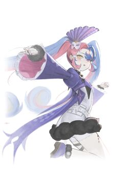 Rule 34 | 1girl, absurdres, arched back, belt, belt pouch, blue hair, blush, border, clenched hand, cropped jacket, cropped legs, curled ends, curtained hair, deardd, dress, dress ruff, eye mask, facing viewer, fading border, flipped bangs, forehead, frilled sleeves, frills, from side, fur-trimmed dress, fur-trimmed shoes, fur trim, hair ornament, heterochromia, highres, jacket, jewelry, juliet sleeves, jumping, leg tattoo, long hair, long sleeves, looking ahead, looking back, mask, mask on head, masquerade mask, microdress, multicolored hair, multiple rings, outstretched arm, parted lips, pink eyes, pink hair, pom pom (clothes), pom pom hair ornament, pouch, puffy sleeves, purple jacket, purple shoes, ring, ring on every finger, roccia (wuthering waves), shoes, short shorts, shorts, shorts under dress, simple background, solo, split-color hair, symbol-shaped pupils, tacet mark (wuthering waves), tattoo, thigh strap, twintails, two-sided fabric, two-sided sleeves, two-tone hair, very long hair, white background, white belt, white dress, white mask, white shorts, wide sleeves, wuthering waves, x-shaped pupils, yellow eyes