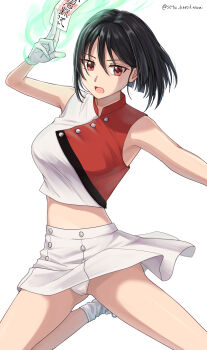 1girl artist_name black_hair breasts cheerleader commission cropped_shirt gloves hair_between_eyes highres large_breasts looking_at_viewer midriff original panties pixiv_commission red_eyes setu_kurokawa shirt short_hair simple_background skirt sleeveless sleeveless_shirt socks solo thighs twitter_username underwear watermark white_background white_gloves white_panties white_skirt white_socks